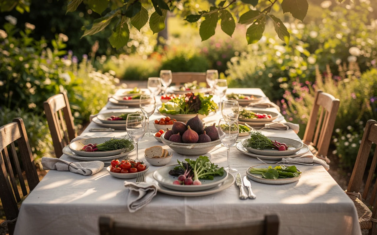 Table dressée au jardin pour un déjeuner d'été