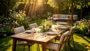 Coin repas extérieur chaleureux au jardin, priorisé sur la déco du salon, ambiance conviviale et naturelle