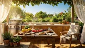 Cuisine d'été extérieure installée dans un jardin lumineux pour cuisiner dehors l'été