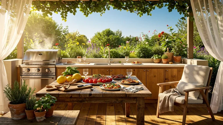 Cuisine d'été extérieure installée dans un jardin lumineux pour cuisiner dehors l'été