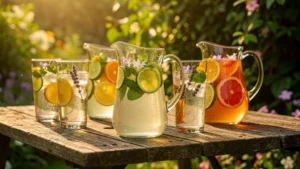 Infusions glacées et eaux parfumées du jardin estivale en verre transparent sur table en bois