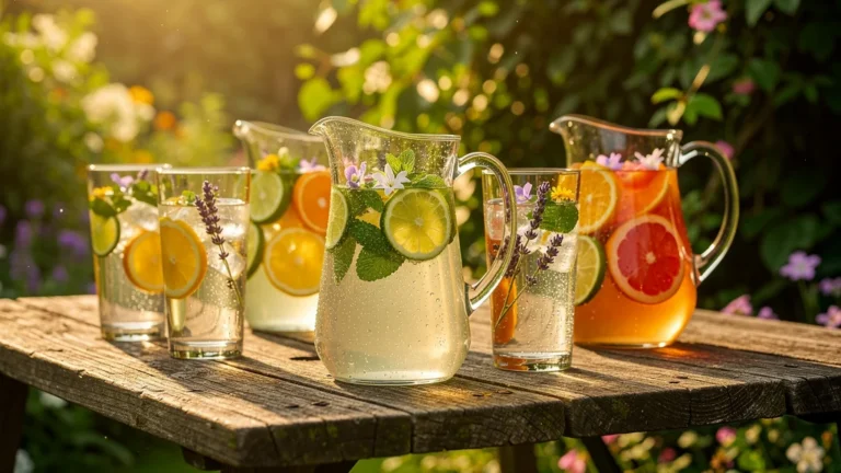 Infusions glacées et eaux parfumées du jardin estivale en verre transparent sur table en bois