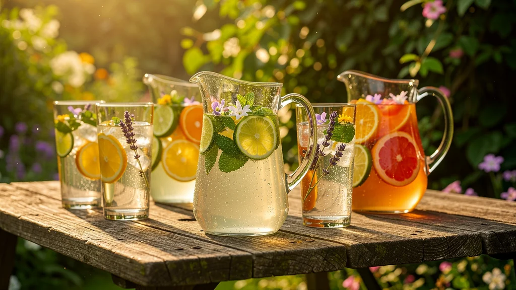 Infusions glacées et eaux parfumées du jardin estivale en verre transparent sur table en bois