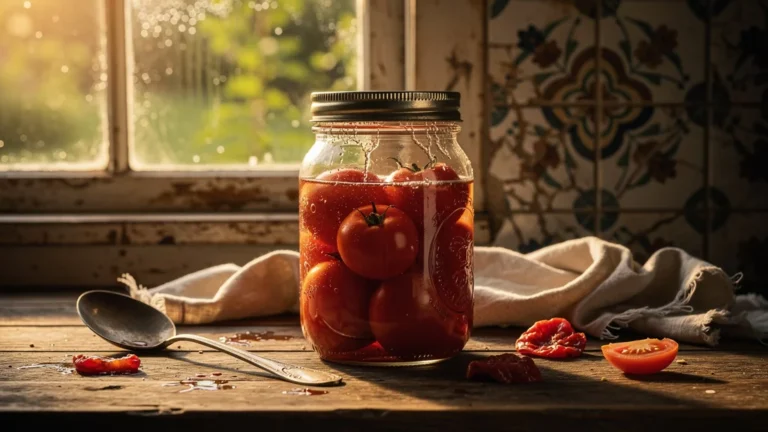 Bocal de tomates mal stérilisé sur un plan de travail en bois dans une cuisine rustique en lumière naturelle