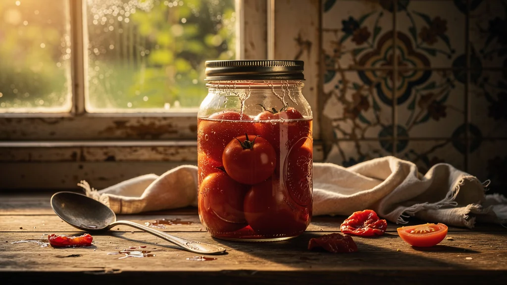Bocal de tomates mal stérilisé sur un plan de travail en bois dans une cuisine rustique en lumière naturelle