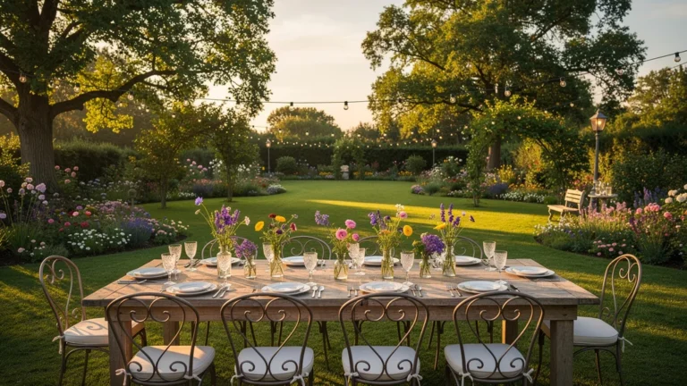 Table de jardin préparée pour vingt convives, ambiance chaleureuse et élégante à la lumière dorée du soir