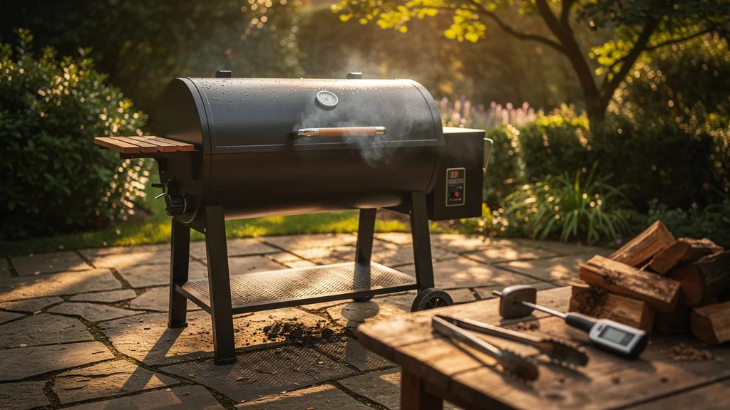 Barbecue à couvercle en cuisson lente de six heures, grill en métal noir sous lumière dorée d’après-midi