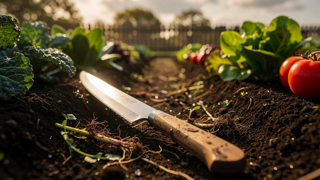 Couteau à désherber posé sur sol fertile entre deux récoltes, lumière dorée et herbes vertes