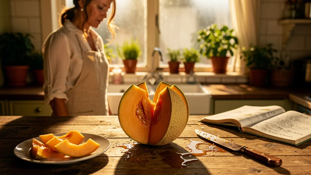 Melon trop mûr coupé gâchant une entrée sur un plan de travail de cuisine rustique en lumière naturelle