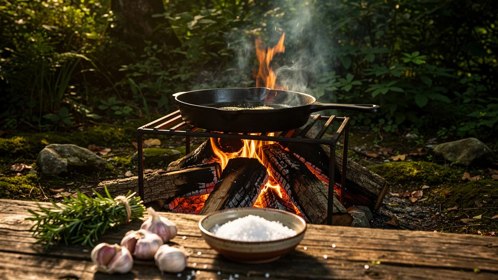 Cuisiner au feu de bois pour la première fois, scène réaliste avec feu, poêle en fonte et ambiance chaleureuse en extérieur