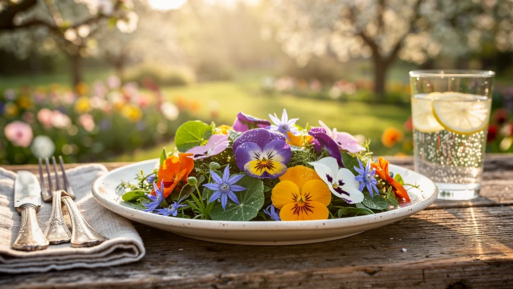 Assiette printanière colorée avec fleurs comestibles fraîches transformant les plats de printemps