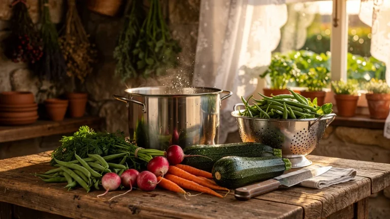 Cuisine rustique avec légumes frais du jardin prêts à être blanchis avant congélation, lumière naturelle matin