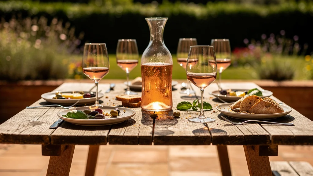 Aperitif d’été gâché en plein soleil faute d’ombre, table en terrasse avec verre et snacks oubliés