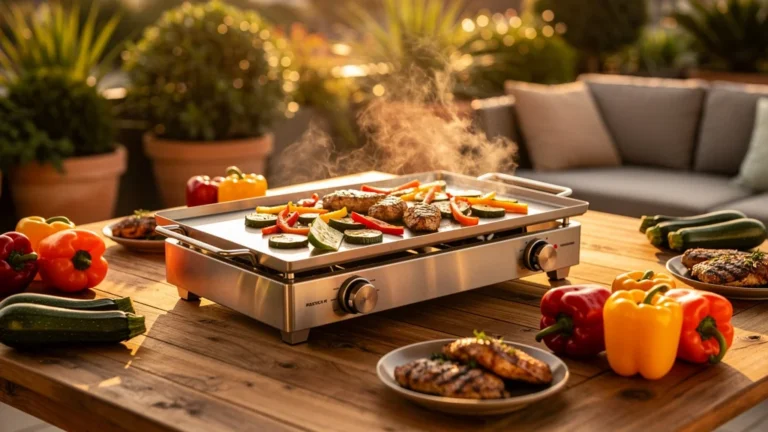 Plancha moderne en extérieur battant le barbecue pour cuisiner sans surveillance, ambiance chaleureuse et détendue