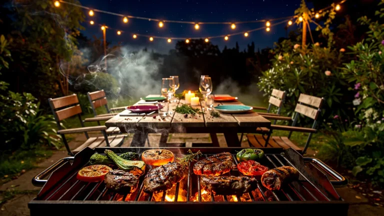Barbecue commencé trop tard, dîner nocturne sous guirlandes lumineuses dans jardin chaleureux