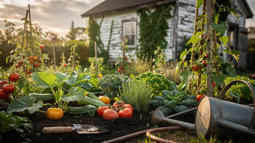 Potager traditionnel en pleine terre avec cultures variées, reflet d'une vraie cuisine des récoltes frais