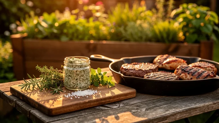 Sel aux herbes du jardin sur planche en bois avec grillades parfaitement saisies en plein air