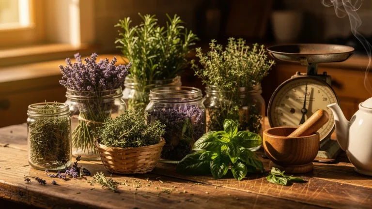 Herbes séchées maison en bocaux sur plan de travail en bois, lumière naturelle, artisanal et authentique