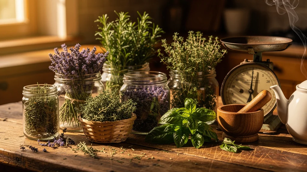 Herbes séchées maison en bocaux sur plan de travail en bois, lumière naturelle, artisanal et authentique