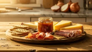 Confiture d'oignons maison sur plateau apéro avec fromages et charcuterie, ambiance chaleureuse et authentique