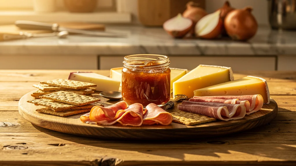 Confiture d'oignons maison sur plateau apéro avec fromages et charcuterie, ambiance chaleureuse et authentique
