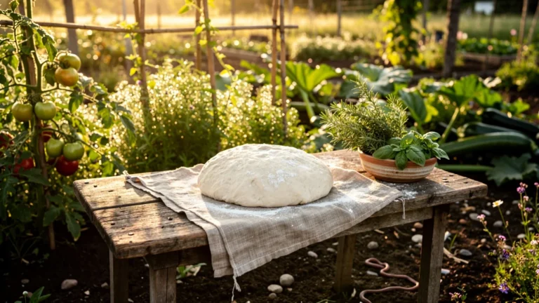 Pâte à pizza levée en plein potager, mieux gonflée dehors qu’en cuisine, ambiance naturelle et lumineuse