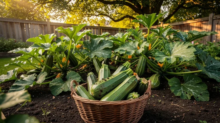 Récolte abondante de premières courgettes dans un jardin potager ensoleillé jusqu'en septembre
