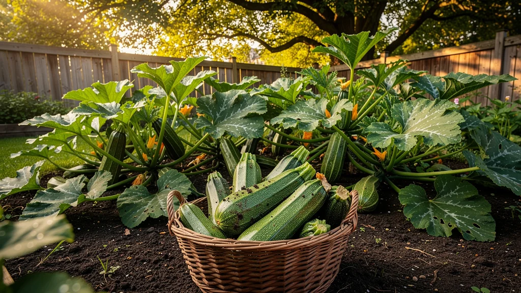 Récolte abondante de premières courgettes dans un jardin potager ensoleillé jusqu'en septembre