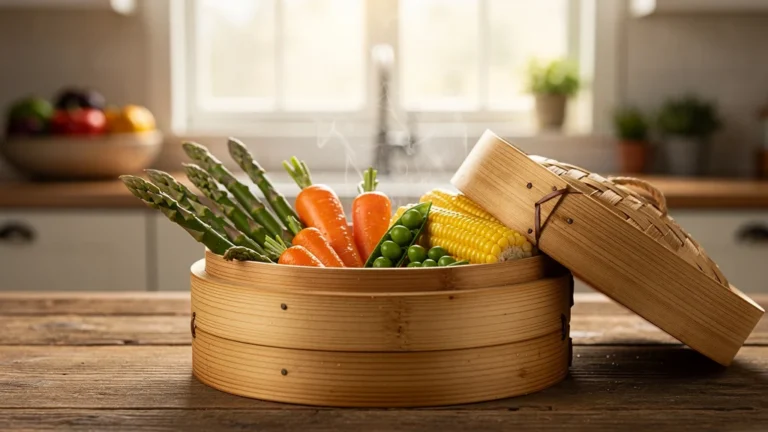 Panier vapeur en bambou avec légumes primeurs croquants, cuisson saine et naturelle en cuisine lumineuse