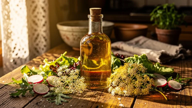 Bouteille de vinaigre de fleurs de sureau sur table en bois avec salade fraîche et lumière d’été