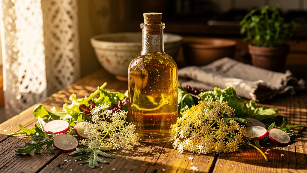 Bouteille de vinaigre de fleurs de sureau sur table en bois avec salade fraîche et lumière d’été