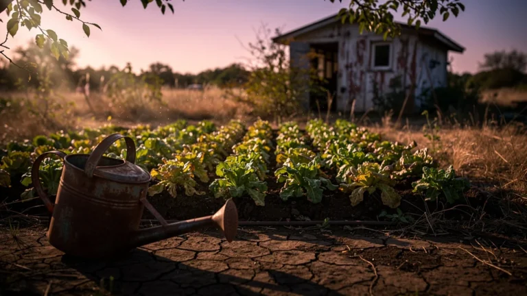 Jardin de salades flétries par le manque d'arrosage du soir en été, feuilles amères et terre sèche