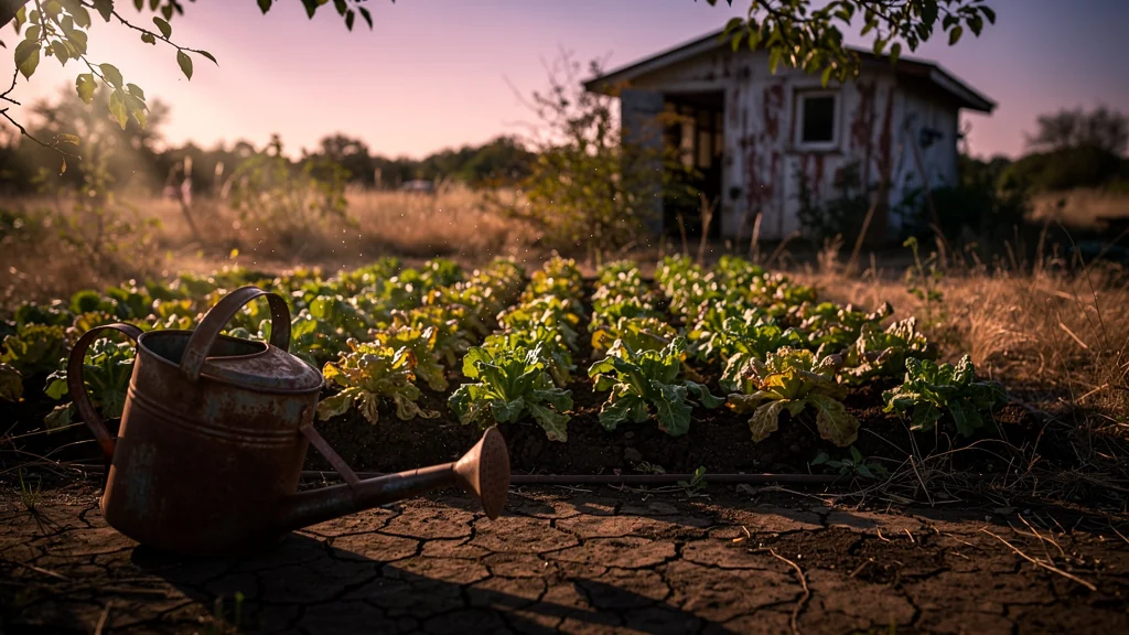 Jardin de salades flétries par le manque d'arrosage du soir en été, feuilles amères et terre sèche