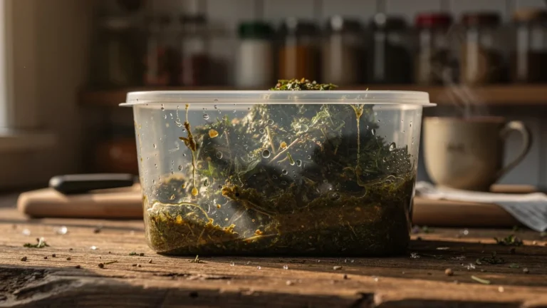 Herbes congelées réduites en bouillie après oubli de dégivrage dans un récipient transparent
