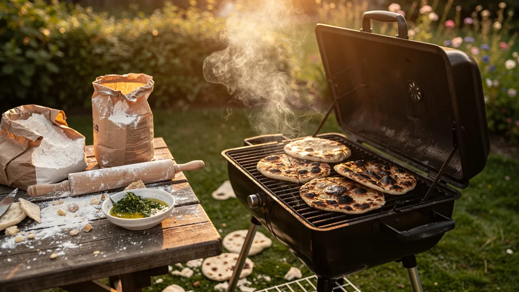 Après un échec de pain plat au barbecue, grill fumant et table rustique en extérieur au coucher du soleil