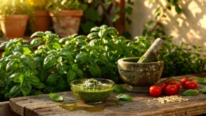 Jardin luxuriant de basilic et pesto artisanal frais, inspiré par un excès de basilic au jardin