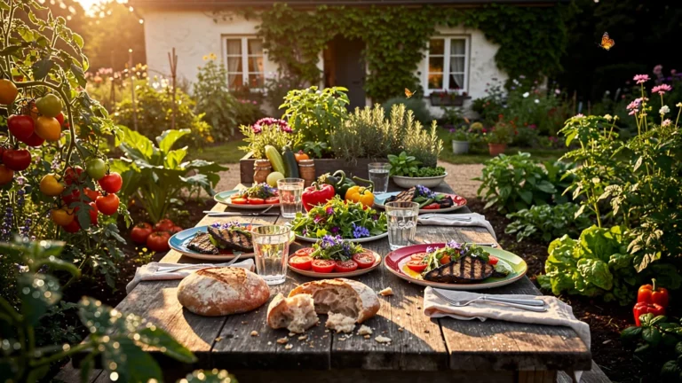 Dîner d'été servi entièrement avec des légumes frais du potager, ambiance chaleureuse et naturelle