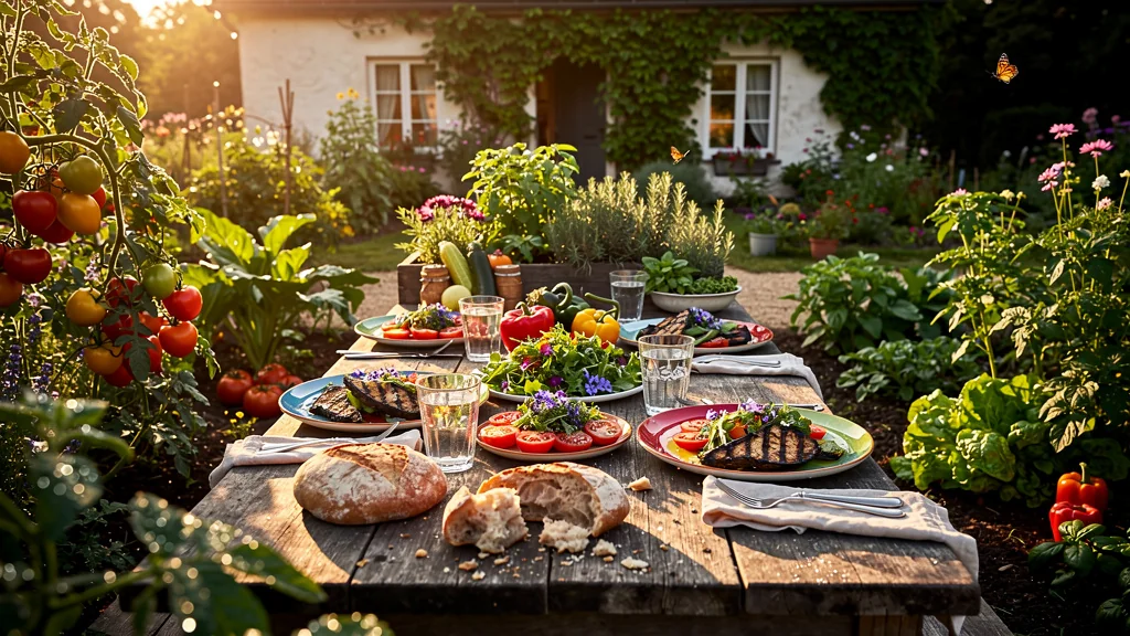 Dîner d'été servi entièrement avec des légumes frais du potager, ambiance chaleureuse et naturelle