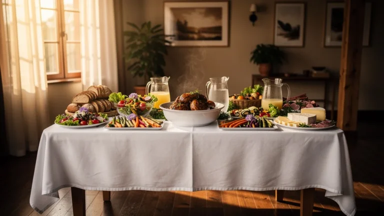 Buffet intact avec un plat unique copieux non touché, table élégante et lumière naturelle douce