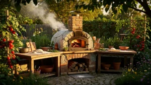 Four à bois en briques dans un jardin, cuisine extérieure chaleureuse et authentique en lumière naturelle