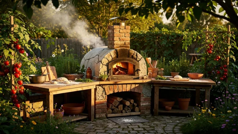 Four à bois en briques dans un jardin, cuisine extérieure chaleureuse et authentique en lumière naturelle
