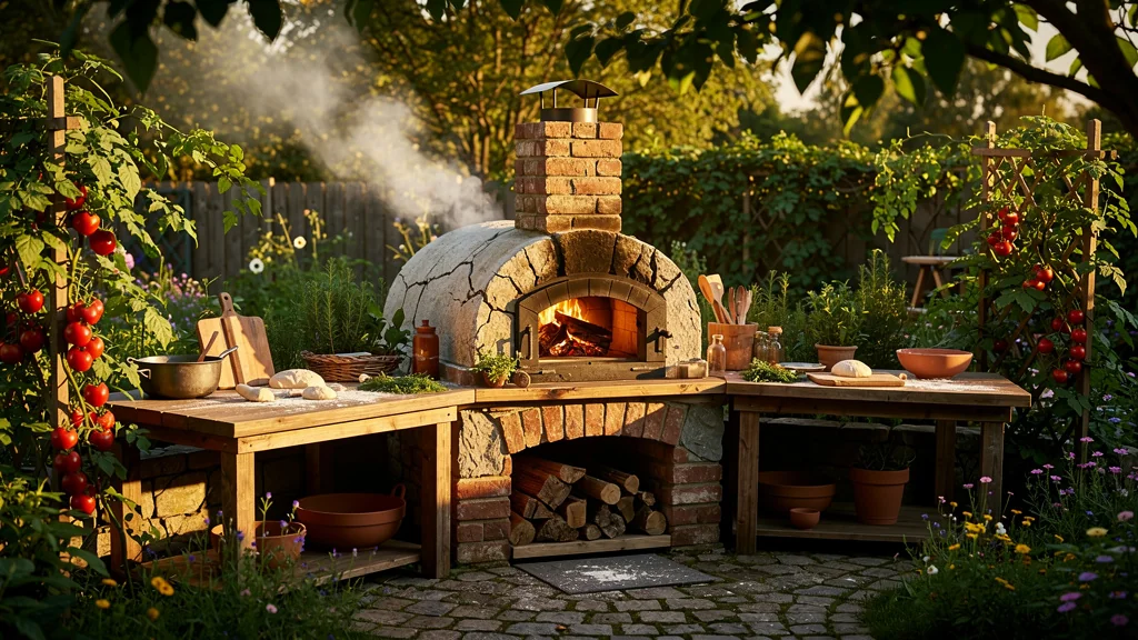 Four à bois en briques dans un jardin, cuisine extérieure chaleureuse et authentique en lumière naturelle